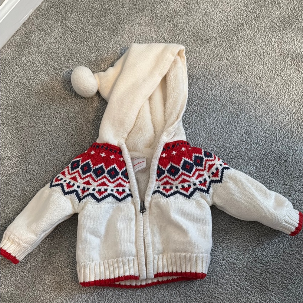 Cream And Red Knit Hoodie With Nordic Pattern